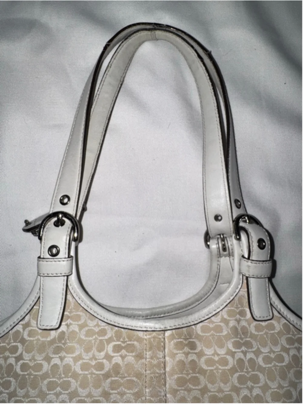 Coach Signature Jacquard Tote Cream White Leather Shoulder Bag Y2K